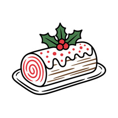 A charming depiction of a Yule log cake adorned with holly leaves and berries.