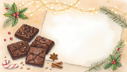 Obraz premium Watercolor Chocolate Dessert Christmas Frame Top View for Website Background