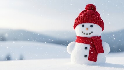 Smiling snowman wearing a vibrant red knitted hat and scarf brings cheerful holiday spirit to a beautiful, serene snowy wonderland