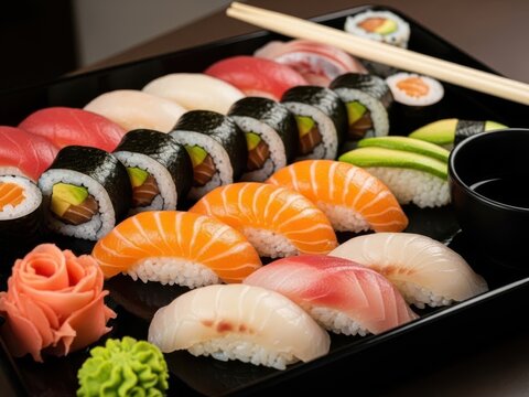 Assorted sushi platter with salmon tuna and avocado rolls sashimi