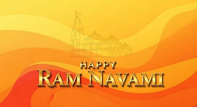 A happy ram navami greeting card with temple illustration on an orange and yellow background design