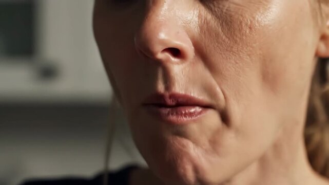 Woman's vivid sour reaction biting into a fresh lemon slice, intense facial expressions and juice.