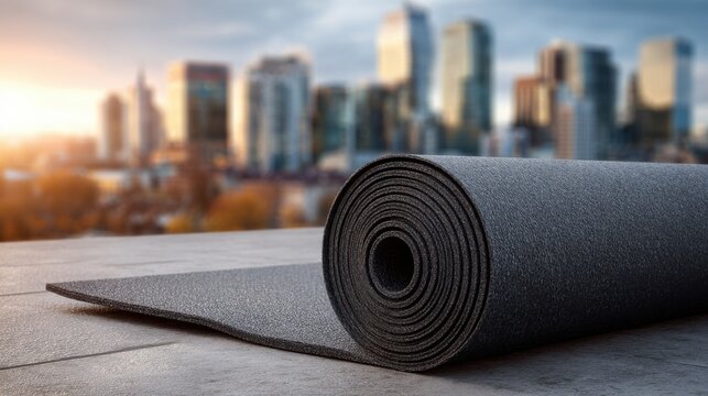 Yoga mat placed on urban balcony in city skyline during sunset