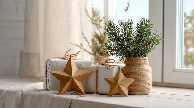 Wooden stars and natural wrapped gifts with pine branches creating a rustic festive window a decoration holiday