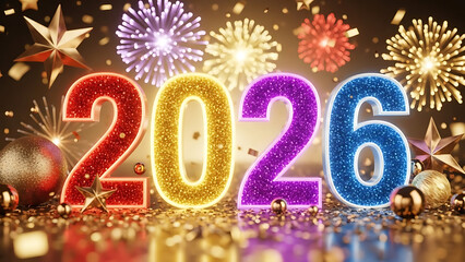 Vibrant 2026 Celebration Fireworks, Stars, and Glittering New Year's Imagery for Festive Designs