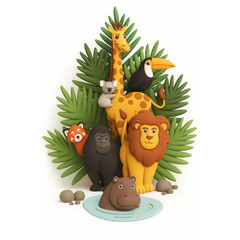 Naklejka premium 3D Zoo animals on a background of ferns