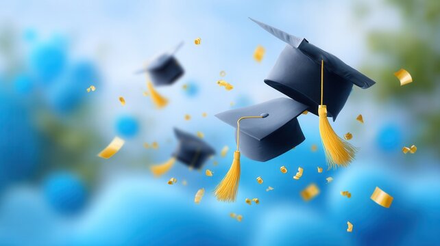 Graduation caps flying in air with golden confetti, celebrating academic learning achievement success