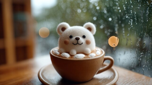 Cute bear latte art sitting a cup a wooden table, enjoying a cozy day with window rainy background