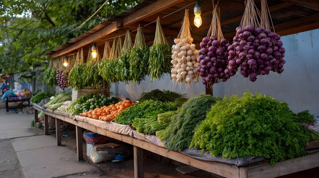 A rustic outdoor market stall displays a vibrant assortment of fresh vegetables herbs and hanging produce under warm lighting