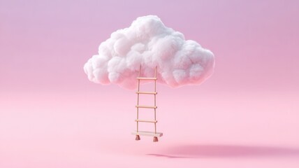 Ladder reaching fluffy cloud in pink sky, symbolizing aspirations, dreams, and success pursuing