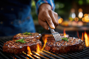 Grilling steaks outdoors with fresh herbs at a summer barbecue gathering
