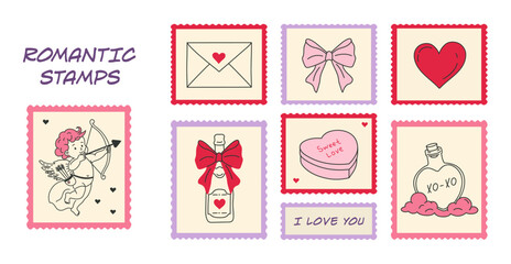 Hand-drawn doodle-style happy Valentine's Day,postage stamps set with love motifs;Cupid,hearts bows, love notes,sweet gifts in soft colors,perfect for posters, postcards,mail art, festive scapbooking.