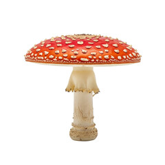 A vibrant red and white spotted Fly Agaric mushroom stands against a plain white background, showcasing its distinctive cap and stem.