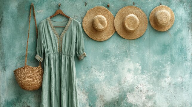 Dress and hats hanging on a wall in a room with a textured blue-green background at midday - Powered by Adobe