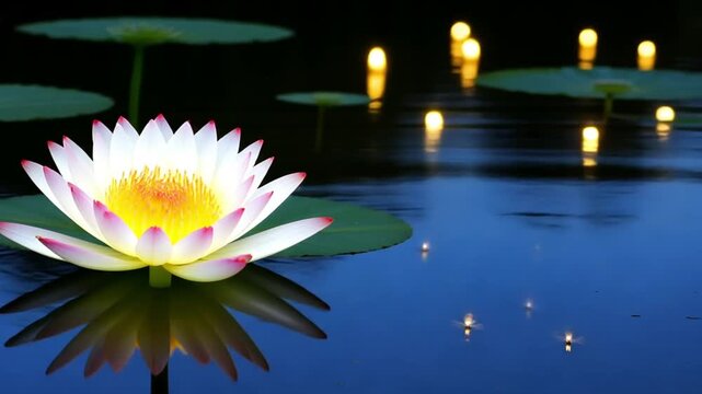 A beautiful water lily flower floating on a pond at night. Close-up of a lotus bloom with its reflection in dark water and glowing lights. Cinemagraph for meditation and relaxation