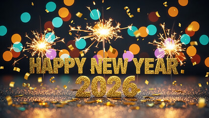 Sparkling New Year 2026 Festive Gold Text with Bokeh Lights and Confetti Celebration