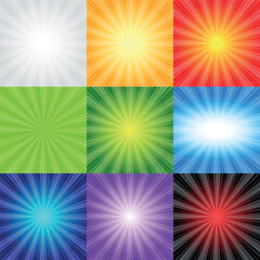 The "Sun and Rays" pattern collection. A set of sunny abstract backgrounds. Bright, explosive backgrounds in yellow, red, orange, green