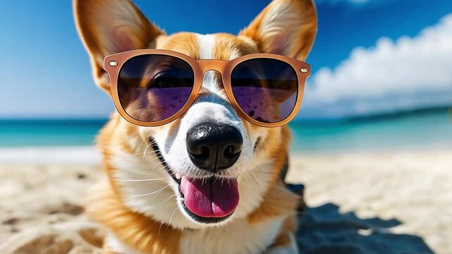 A happy Corgi dog wearing sunglasses relaxes on a sandy beach. A cute pet enjoying a summer vacation by the ocean. Funny animal and travel holiday concept