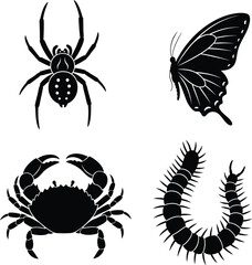 Spider, butterfly, crab, and centipede silhouettes, arthropods vector illustration.