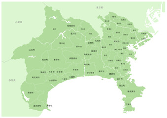 日本の都市の詳細地図シリーズ。神奈川県の市町村名付きの地図。A series of detailed maps of Japanese cities. A map of Kanagawa Prefecture with city and town names.