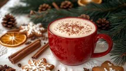 Christmas Hot Drink with Gingerbread, Red Mug Winter Coffee, Cinnamon Orange Slice Pinecone Decor, Festive Family Gathering Atmosphere