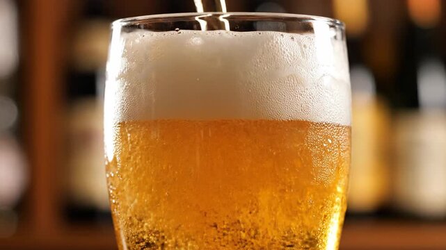 Effervescent Pour of Cold Beer in a Glass Captured in Sequential Frames Highlighting Frothy Head and Bubble Dynamics