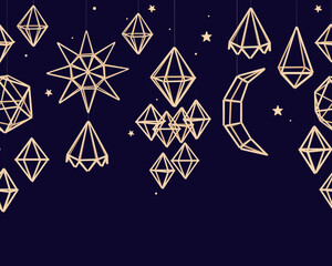 Christmas himmeli seamless border. Scandinavian and Ukrainian straw spiders hanging straw holiday tradition background. Vector isolated illustration.