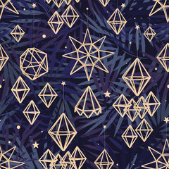 Christmas straw geometric sculptures seamless pattern. Ukrainian hanging straw spiders and Scandinavian himmeli holiday background. Xmas sky. Vector illustration.