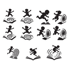 Obraz premium Silhouettes of kids diving into magical portals from open books
