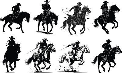 Cowboy on horseback silhouette set, Western rider icons, galloping horse vector, lasso action, black equestrian illustration, rodeo art