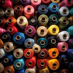 Fototapeta premium Colorful spools of thread in a tight arrangement. A top-down view reveals a vibrant array of threads in various shades. Wooden spools are clustered together, creating a textured visual pattern