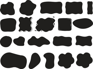 Vector collection of black liquid shapes and ink blobs. Irregular organic spots for modern minimalist design. Cow print or dalmatian pattern. Amorphous graphic elements.