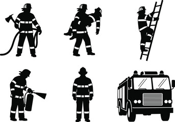 Firefighter silhouette vector, emergency rescue, fire hose, ladder climb, axe, fire extinguisher, fire truck, bravery, black background, gear