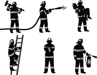 Firefighter silhouette vector, emergency rescue, fire hose, ladder climb, axe, fire extinguisher, rescue carry, black background, gear, bravery
