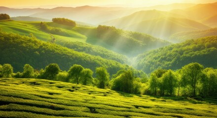 Rolling hills shimmering under sunrise rays create a tranquil countryside panorama