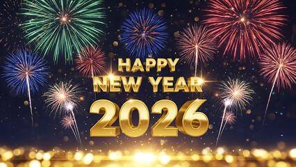 Festive New Year 2026 Celebration with Golden Fireworks and Sparkling Lights in the Night Sky