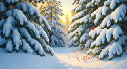 Snowy forest path bathed in warm sunrise light, pine branches heavy with snow