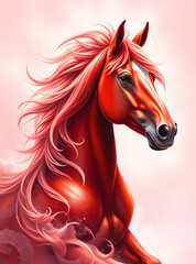  A red horse stallion with flowing pink mane and tail, soaring through a dreamy. 2026 New Year