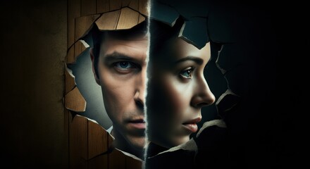 Man and woman peer through a shattered wall, revealing tense duality and mystery
