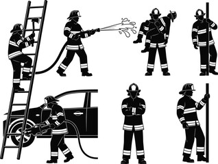 Firefighter silhouette vector, emergency rescue, fire hose, ladder climb, axe, jaws of life, rescue carry, black background, gear, bravery