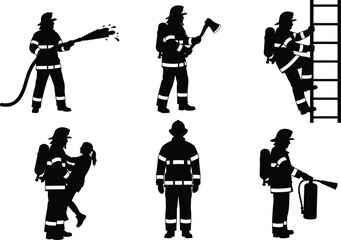 Firefighter silhouette vector, emergency rescue, fire hose, ladder climb, axe, fire extinguisher, rescue carry, black background, gear, bravery