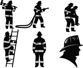Firefighter silhouette vector, emergency rescue, fire hose, ladder climb, axe, rescue carry, helmet profile, black background, gear, bravery