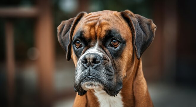 Boxer dog close-up portrait with focused expression in natural outdoor light