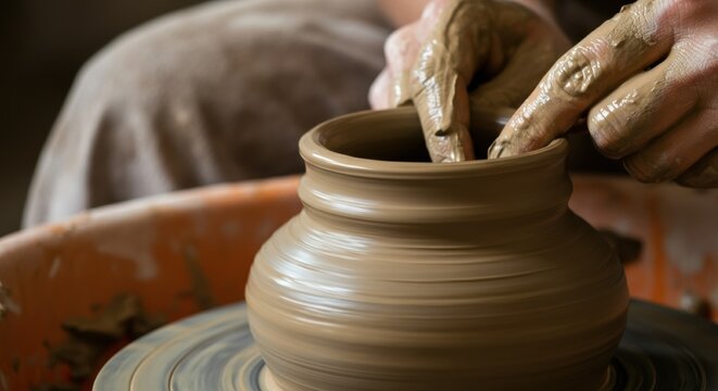 Potter shaping clay on a spinning wheel in a focused sunlit studio session