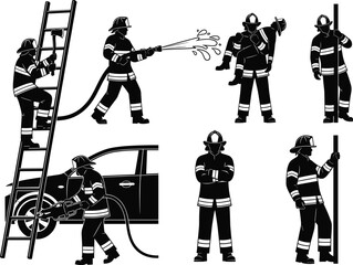 Firefighter silhouette vector, rescue scene, ladder climb, pole slide, jaws of life, fire hose, emergency gear, brave hero illustration