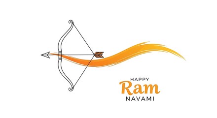 Illustration of bow and arrow with orange streak for happy ram navami celebration on white background