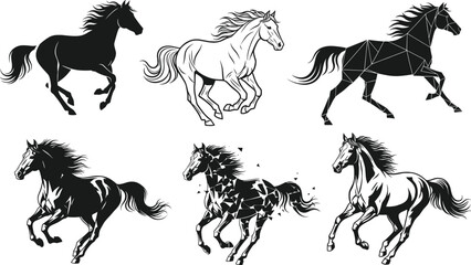 Horse illustration set, galloping horse designs, black and white vector, geometric horse, stylized equine art, motion silhouette graphics