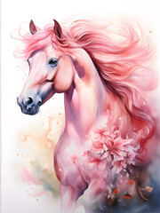  A red horse stallion with flowing pink mane and tail, soaring through a dreamy. 2026 New Year