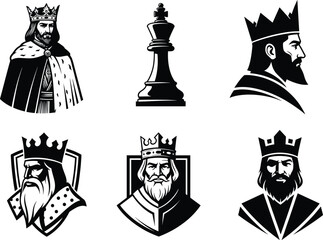 King silhouette illustration, crown, robe, chess piece, royal profile, regal pose, vector art, black and white, stylized, monarch