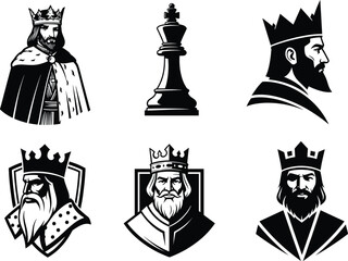 King silhouette illustration, crown, robe, chess piece, royal profile, throne pose, vector art, black and white, stylized, regal